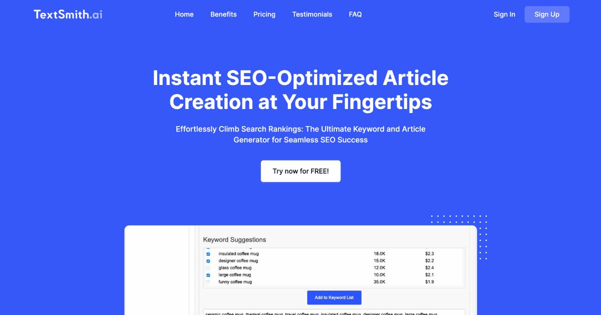 TextSmith: Instant SEO-optimized article creation